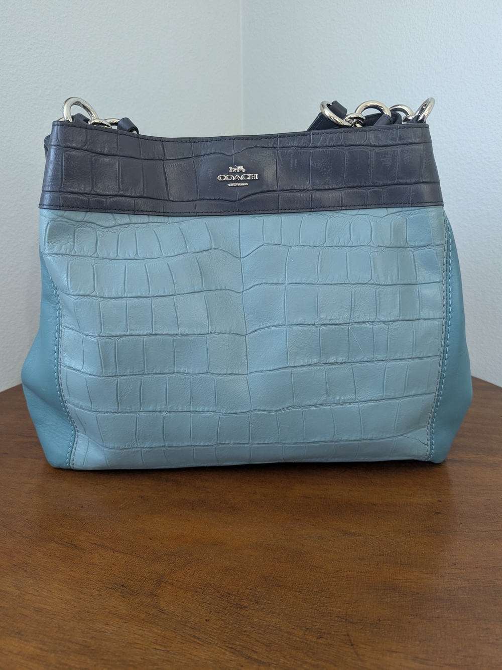 Coach Tri-Tone Croc-Embossed Leather Shoulder Bag in Light Blues & Dark Blue